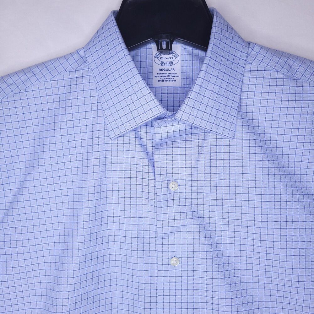 Brooks Brothers Dress Shirt Mens 15.5 Check Blue Supima Cotton Non Iron Stretch